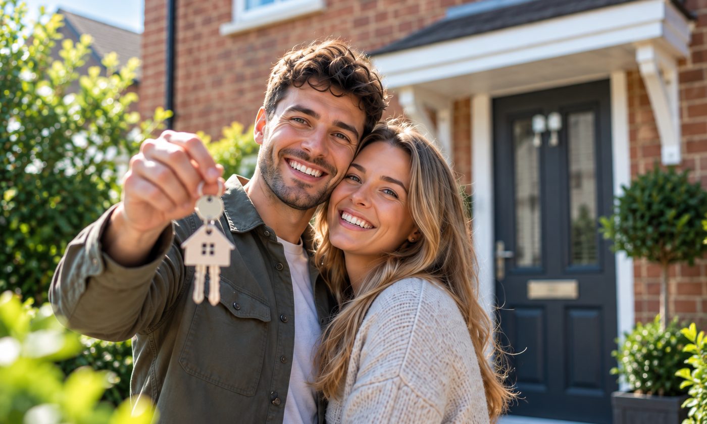 A smiling couple holding up a set of house keys outside a front door.