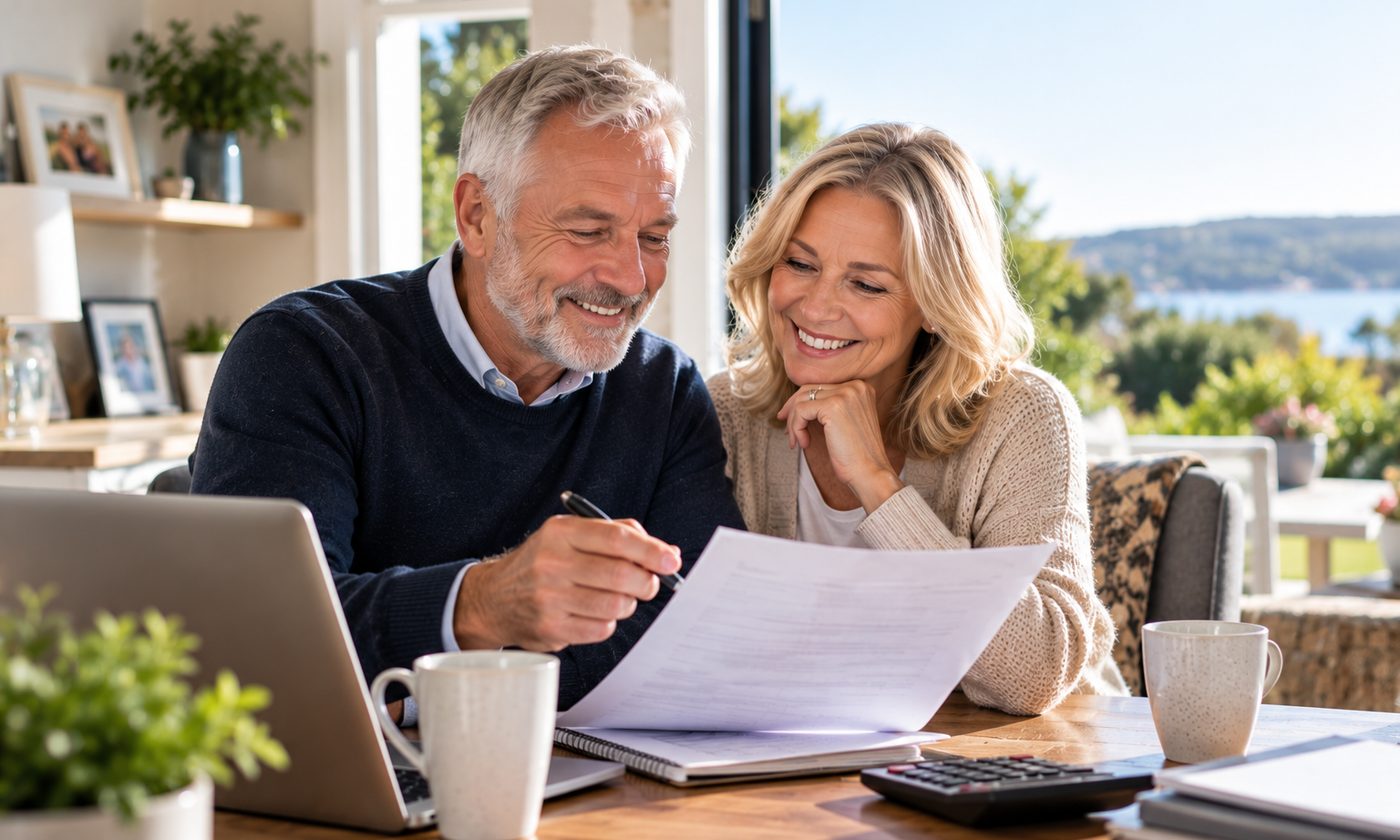 An older couple smiling as they go through paperwork together at home.