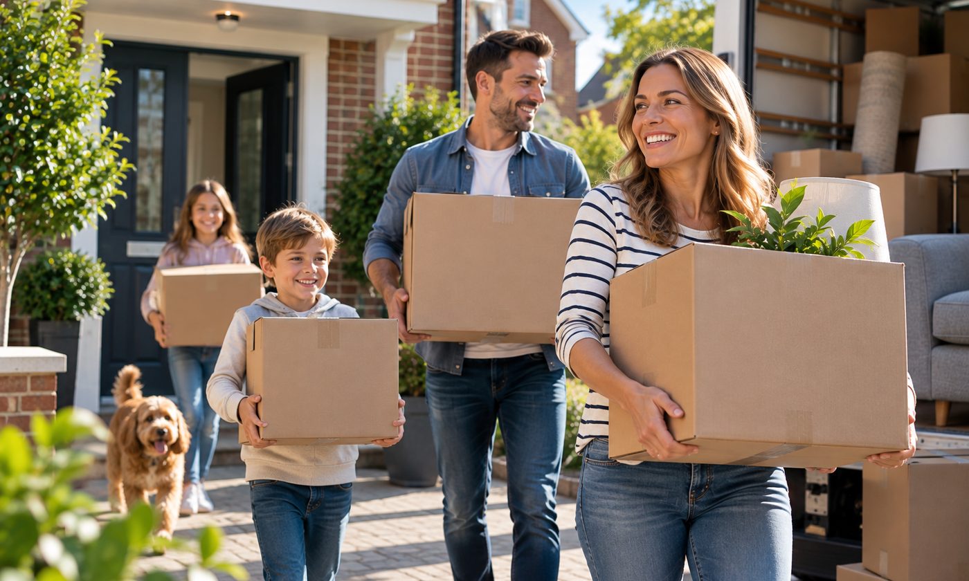 A family with two children and a dog carrying moving boxes into their new home.