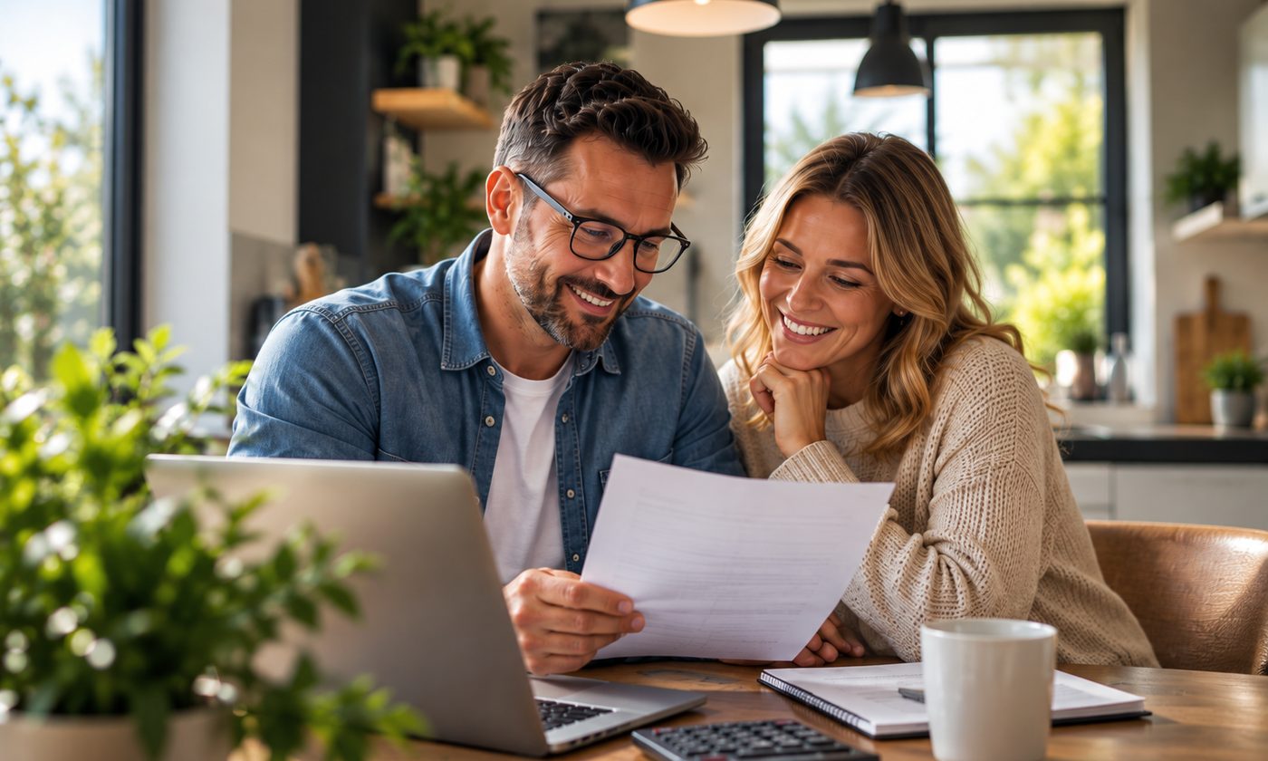 A couple at a kitchen table going through paperwork beside a laptop.