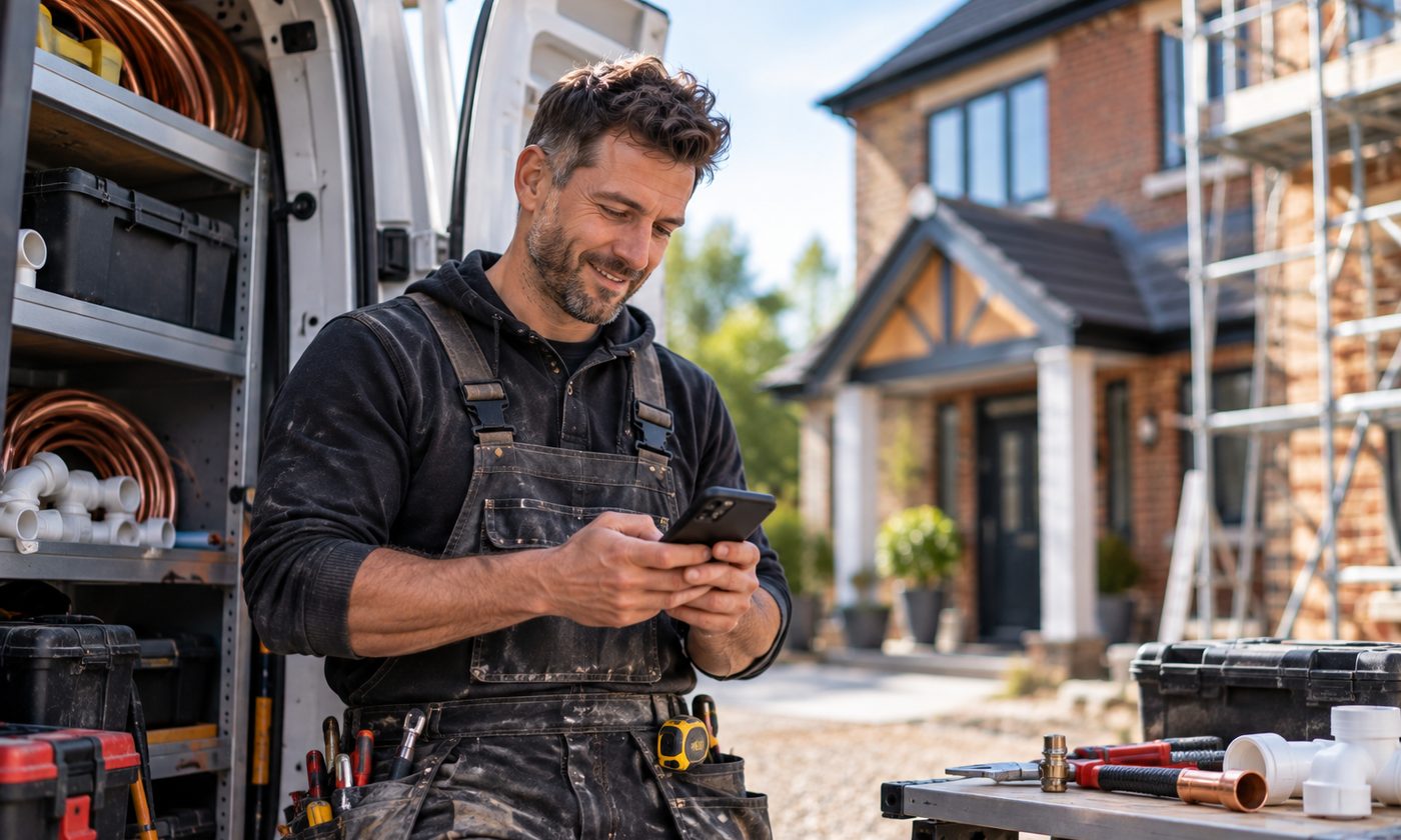 A tradesman checking his phone beside his work van, outside a house under construction.