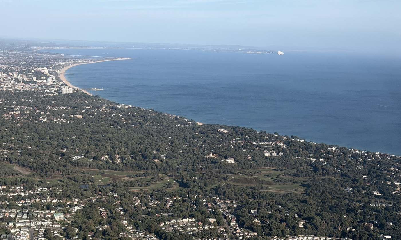 Aerial view along Poole Bay towards Bournemouth pier, with Old Harry Rocks on the horizon