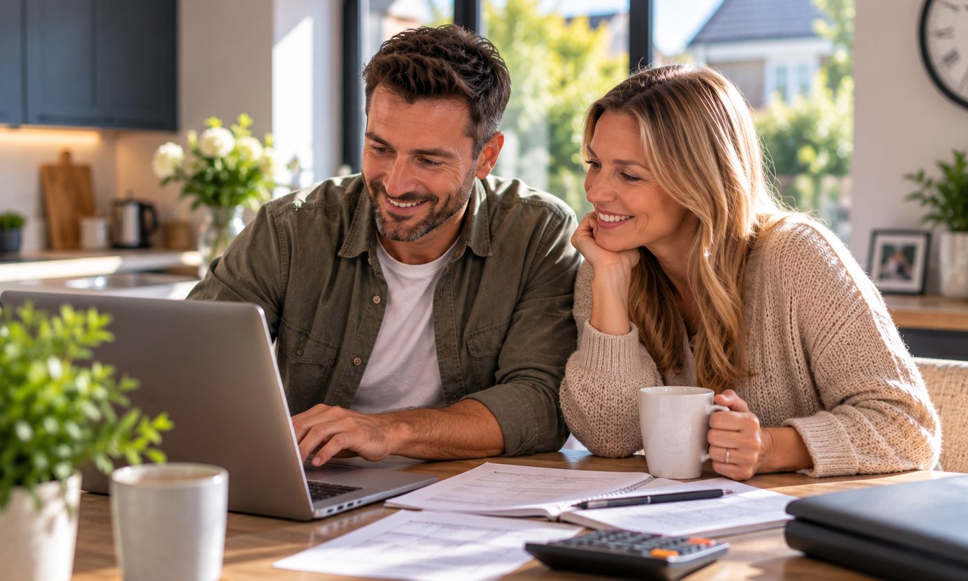 A couple at a kitchen table with a laptop, calculator and paperwork.